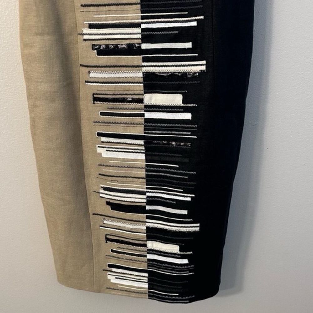 WORTH Embroidered 100% Linen Tan & Black Dress - Picture 3 of 8